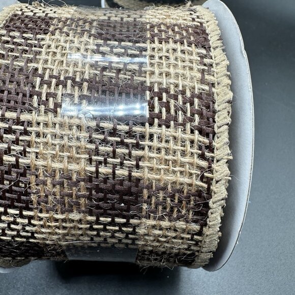 Celebrate It Wired Ribbon 2.5” Black Tan Plaid & Stripe Burlap Rustic Farmhouse - Picture 4 of 8